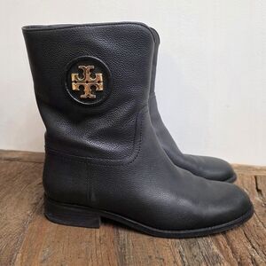 Black Leather Boots with Gold Logo